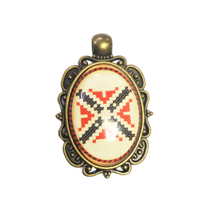 Pandantiv Bijuterie cu Motive Traditionale Taranesti Populare Oval Baza Bronz Cruce Rosu-Negru Cabochon 18x25 mm Bijuterii