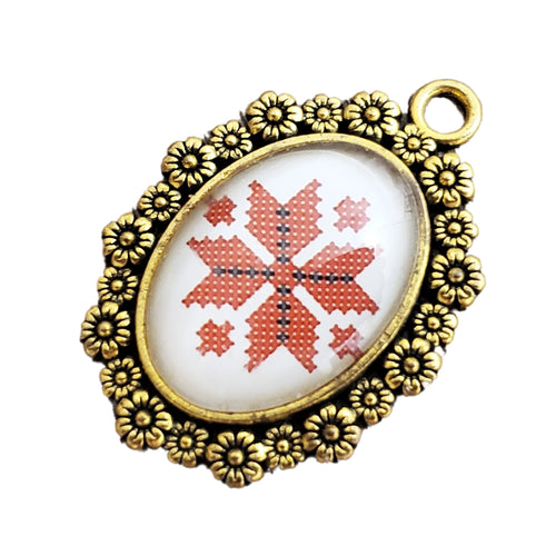Pandantiv Bijuterie cu Motive Traditionale Taranesti Populare Oval Baza Bronz Cruce Stea Cabochon 18x25 mm
