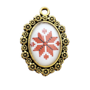 Pandantiv Bijuterie cu Motive Traditionale Taranesti Populare Oval Baza Bronz Cruce Stea Cabochon 18x25 mm Flori Romanesc