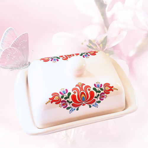Untiera din Ceramica Portelanata Suport de Unt cu Motive Traditionale Motive Traditionale Taranesti Populare Broderie Crin Rosu 17 cm