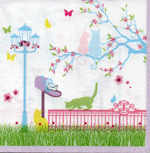 Servetel de Colectie Vintage pentru Tehnica Decoupage Pisicute Colorate si Felinar Bleu 33x33 cm