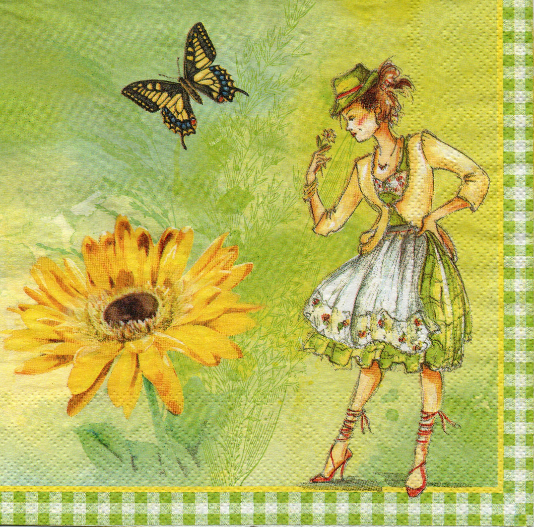 Servetel Decoupage de Colectie Vintage Doamna Vintage Vernil, Floarea Soarelui si Fluture  33x33 cm