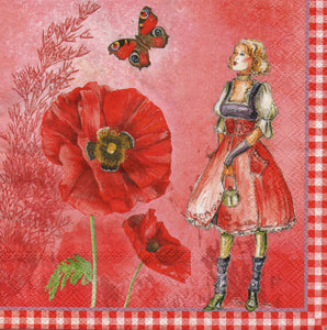 Servetel Decoupage de Colectie Vintage Doamna Vintage Rosu , Mac si Fluture  33x33 cm