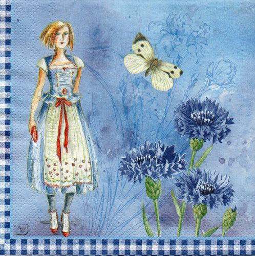 Servetel Decoupage de Colectie Vintage Doamna Vintage Bleu, Floarea si Fluture  33x33 cm
