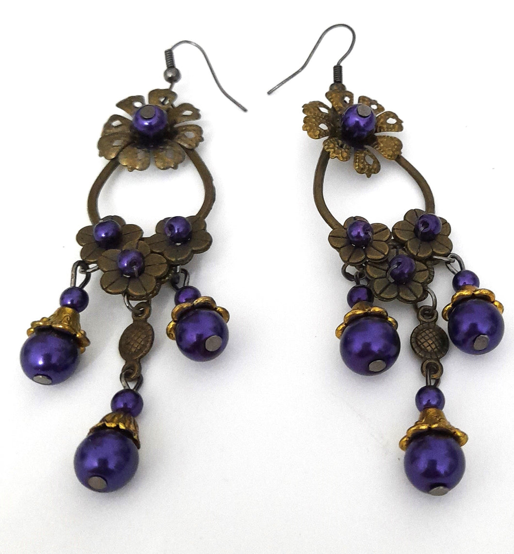 Cercei Candelabru Bronz cu Margele Mov Indigo