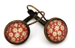 Cercei Hand Made Motiv Flori Albe pe Rosu Portocaliu
