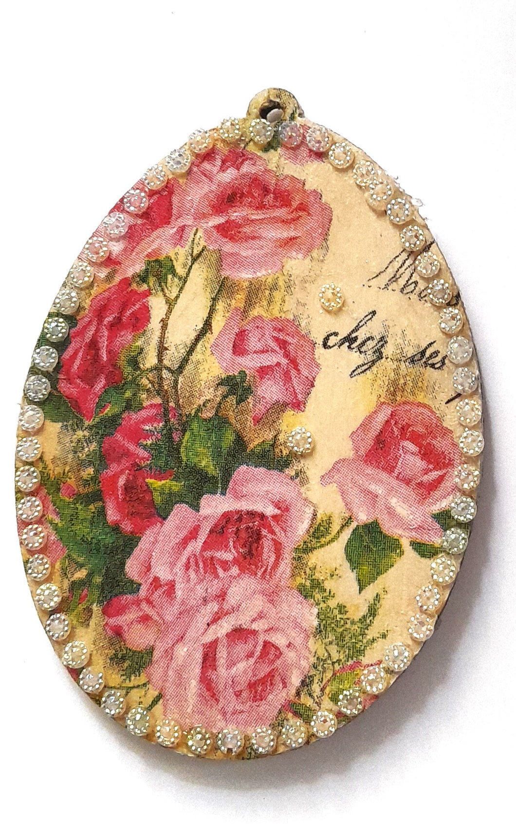 Decoratiune Lemn de Craciun Medalion cu Trandafiri si Margele Diamant