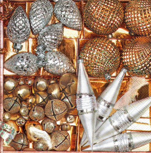 Servetele de Masa cu Globuri de Craciun Pachet 20 Buc Globuri Bronz Aurii si Inimi Stele Argintii