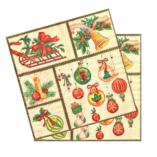 Servetele Decorative de Masa Craciun cu Colaj de Iarna Pachet 20 Buc Sanie Clopotel si Ornamente Brad 33x33 cm 2 straturi