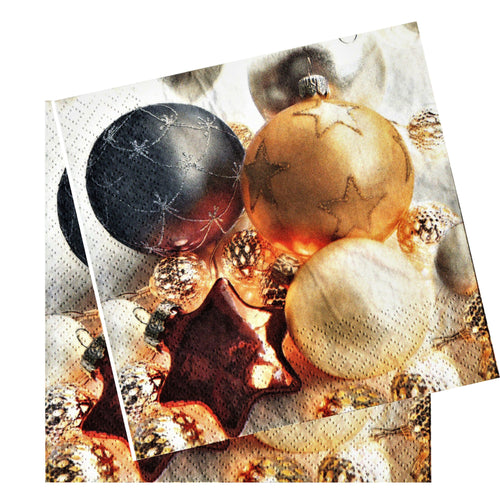 Servetele Decorative de Masa cu Globuri de Craciun Pachet 20 Buc Ornamente Negre-Aurii 33x33 cm