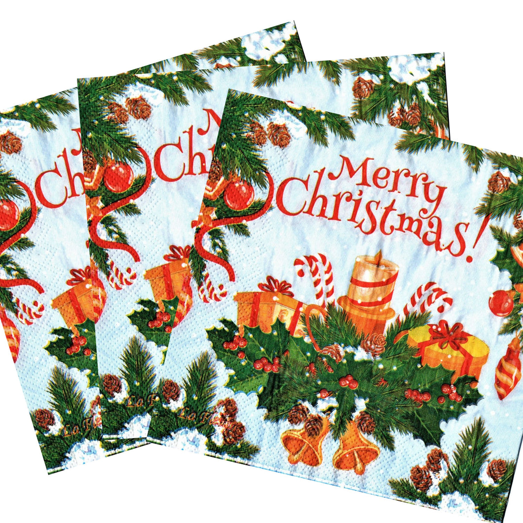 Servetele de Masa cu Globuri de Craciun Pachet 20 Buc Merry Christmas Ornament Aurii 33x33 cm