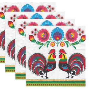 Set Party Servetele cu Motive Populare Cocosi cu Flori Taranesti Etnice Multicolore Pachet de 10 buc 33x33 cm Etnice