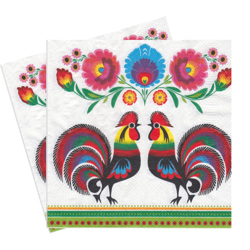 Set Party Servetele cu Motive Populare Cocosi cu Flori Taranesti Etnice Multicolore Pachet de 10 buc 33x33 cm