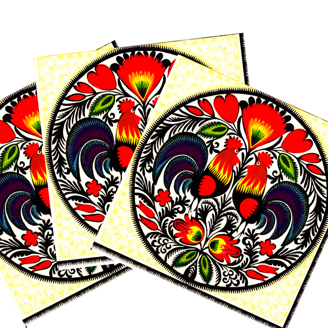 Servetele de Masa cu Motive Traditionale Taranesti Polska Folk 2 Cocosi Etnic Rosu Pachet 10 buc 33x33 cm