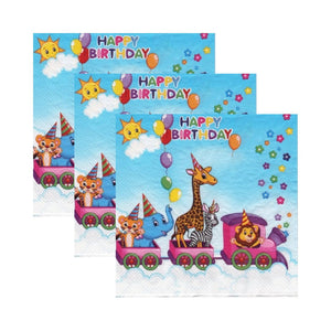 Servetele Decorative de Masa pentru Botez Pachet 10 Buc Trenuletul Animalutelor Blue Baietel 33x33 cm Albastru
