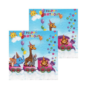 Servetele Decorative de Masa pentru Botez Pachet 10 Buc Trenuletul Animalutelor Blue Baietel 33x33 cm Aniversare Petrecere Party