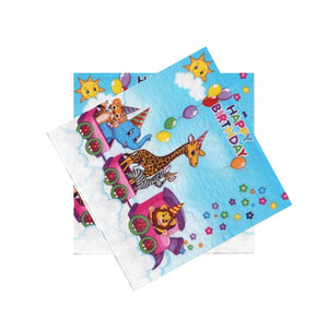 Servetele Decorative de Masa pentru Botez Pachet 10 Buc Trenuletul Animalutelor Blue Baietel 33x33 cm Happy Birthday La multi ani