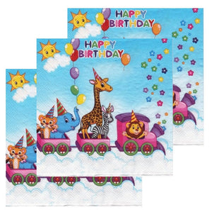 Servetele Decorative de Masa pentru Botez Pachet 10 Buc Trenuletul Animalutelor Blue Baietel 33x33 cm