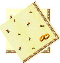 Încărcați imaginea în Galerie, Servetele Decorative de Masa Nunta Pachet 10 Buc Verighete Aurii si Trandafiri 33x33 cm