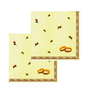 Servetele Decorative de Masa Nunta Pachet 10 Buc Verighete Aurii si Trandafiri 33x33 cm Evenimente