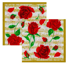 Încărcați imaginea în Galerie, Servetele Decorative de Masa cu Dragoste Pachet 10 Buc Trandafiri Rosii pe Partitura 33x33 cm