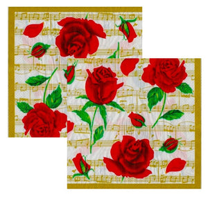 Servetele Decorative de Masa cu Dragoste Pachet 10 Buc Trandafiri Rosii pe Partitura 33x33 cm