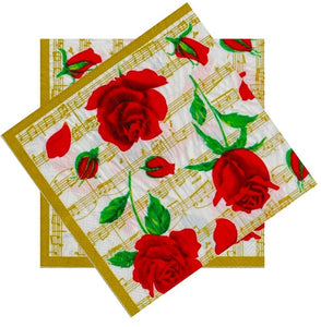 Servetele Decorative de Masa cu Dragoste Pachet 10 Buc Trandafiri Rosii pe Partitura 33x33 cm Nunta Indragostiti