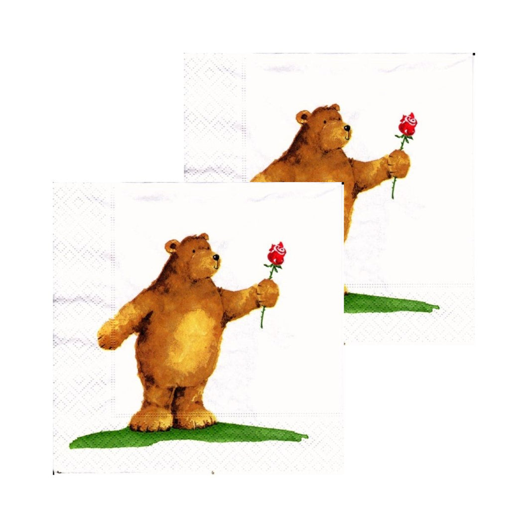 Servetele Decorative de Masa cu Animale Pachet 10 Buc Ursulet cu Trandafir Rosu 33x33 cm