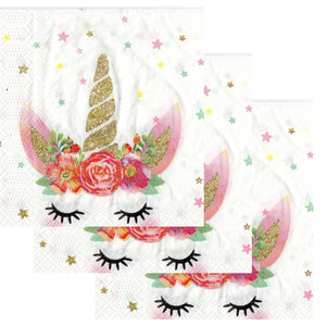 Servetele Decorative de Petrecere Party Set 10 bucati 33x33 cm Fetite Unicorn Auriu Gold cu Flori Aniversari Petreceri