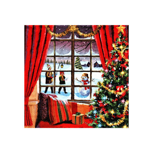 Servetele de Masa cu Bradul de Craciun la Geamul cu Draperii Rosii Pachet 10 Buc 33x33 cm