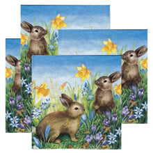 Încărcați imaginea în Galerie, Servetele Decorative de Masa din Hartie Model cu Paste Pachet 10 Buc Iepurasi in Flori de Primavara 3x33 cm Branduse si Albastrele
