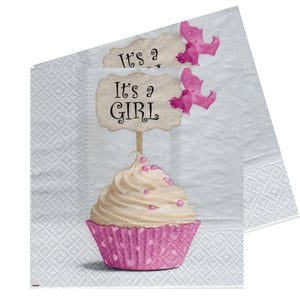 Servetele de Masa de Botez Pachet 10 Buc It's A Girl Muffin E o Fetita Roz 33x33 cm