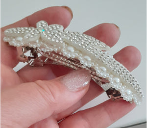 Agrafa Clama de Par cu Perle Accesoriu Mireasa Frunze si Flori Alb Mat