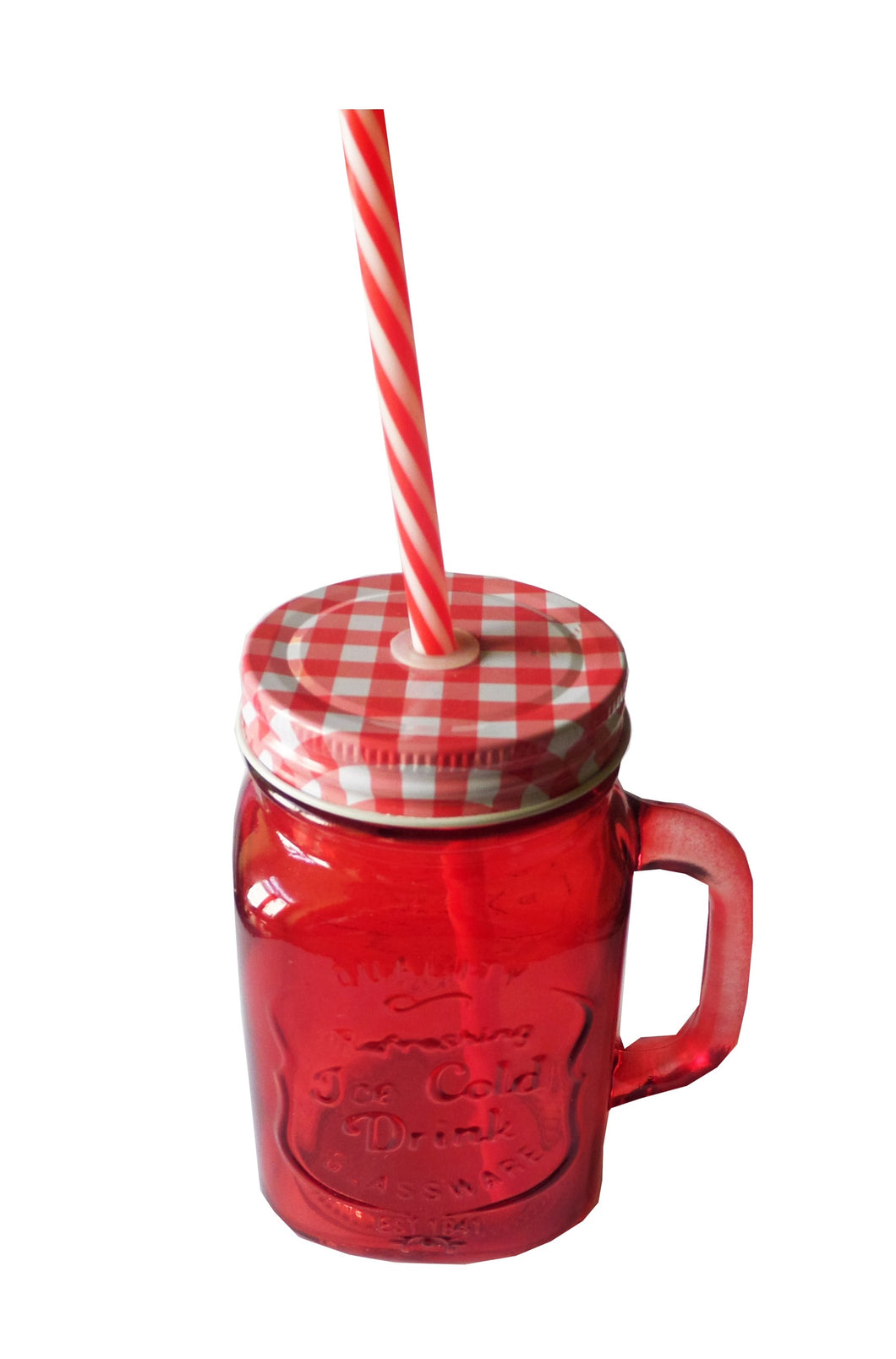 Borcan Sticla Rosu Retro cu Capac Metalic si Pai