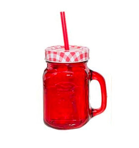 Borcan Sticla Rosu Retro cu Capac Metalic si Pai