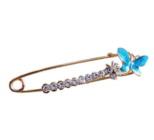 Brosa pe Carton de Martisor 1 8 Martie Ac Auriu Fluture Albastru-Bleu cu Strasuri Cristale Transparente