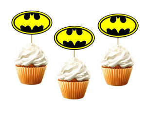 Set 20 buc Scobitori Cupcake Toppers Decorative Nunta Botez Party Baieti Candy Bar Muffin Emblema Batman Negru-Galben