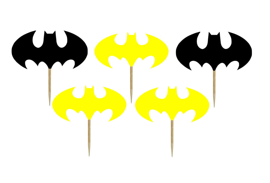 Set 20 buc Scobitori Cupcake Toppers Candy Bar Muffin Batman Negru si Galben Nunta Botez Baieti