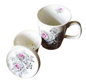 Cana de Apa Ceai Ceramica cu Infuzor Trandafiri Gri-Roz