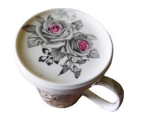 Cana de Apa Ceai Ceramica cu Infuzor Trandafiri Gri-Roz