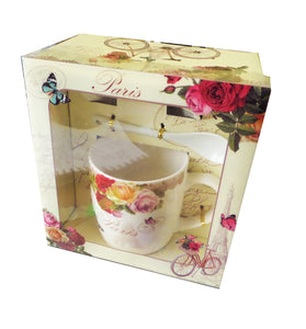 Cana Portelan Cutie Cadou Capac cu Lingurita Farfurioara Trandafiri Multicolori Carte Postala