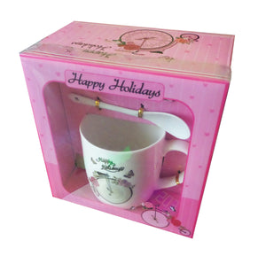 Cana din Portelan in Cutie Cadou Capac cu Lingurita Farfurioara Retro Happy Holidays