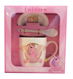 Cana Portelan in Cutie Cadou Capac cu Lingurita Farfurioara Roz Unicorn