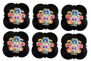 Set 6 Suporturi Pahare Coasters Placute Lemn Motive Poloneze Multicolore Negre
