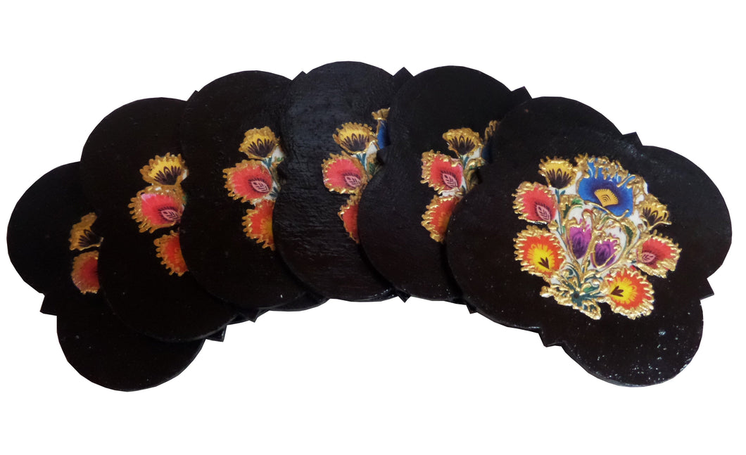 Set 6 Suporturi Pahare Coasters Placute Lemn Motive Poloneze Multicolore Black