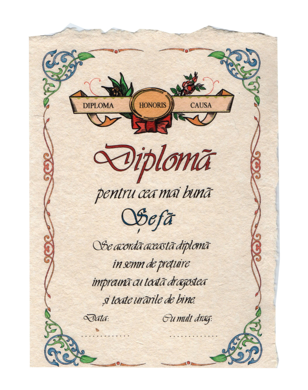 Diploma Personalizata Pergament Cadou cu Mesaj Dedicatie pentru Cea Mai Buna Cea Mai Buna Sefa