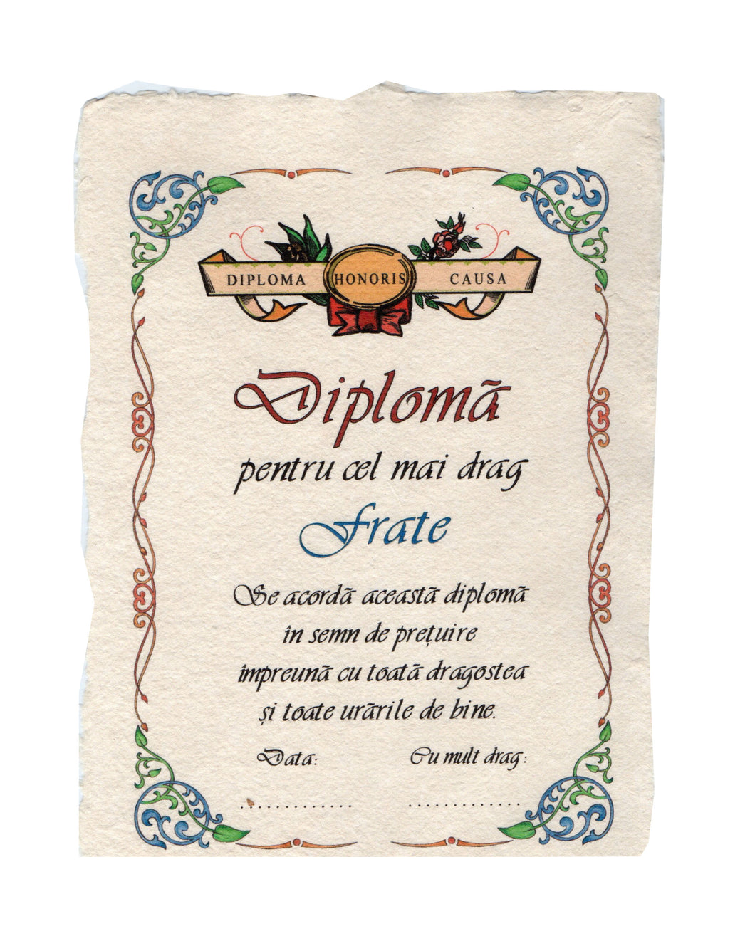 Diploma Personalizata Pergament Cadou cu Mesaj Dedicatie pentru Drag Frate 21 cm