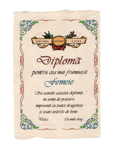 Diploma Personalizata Pergament Cadou cu Mesaj Dedicatie pentru Cea Mai Frumoasa Femeie 21 cm