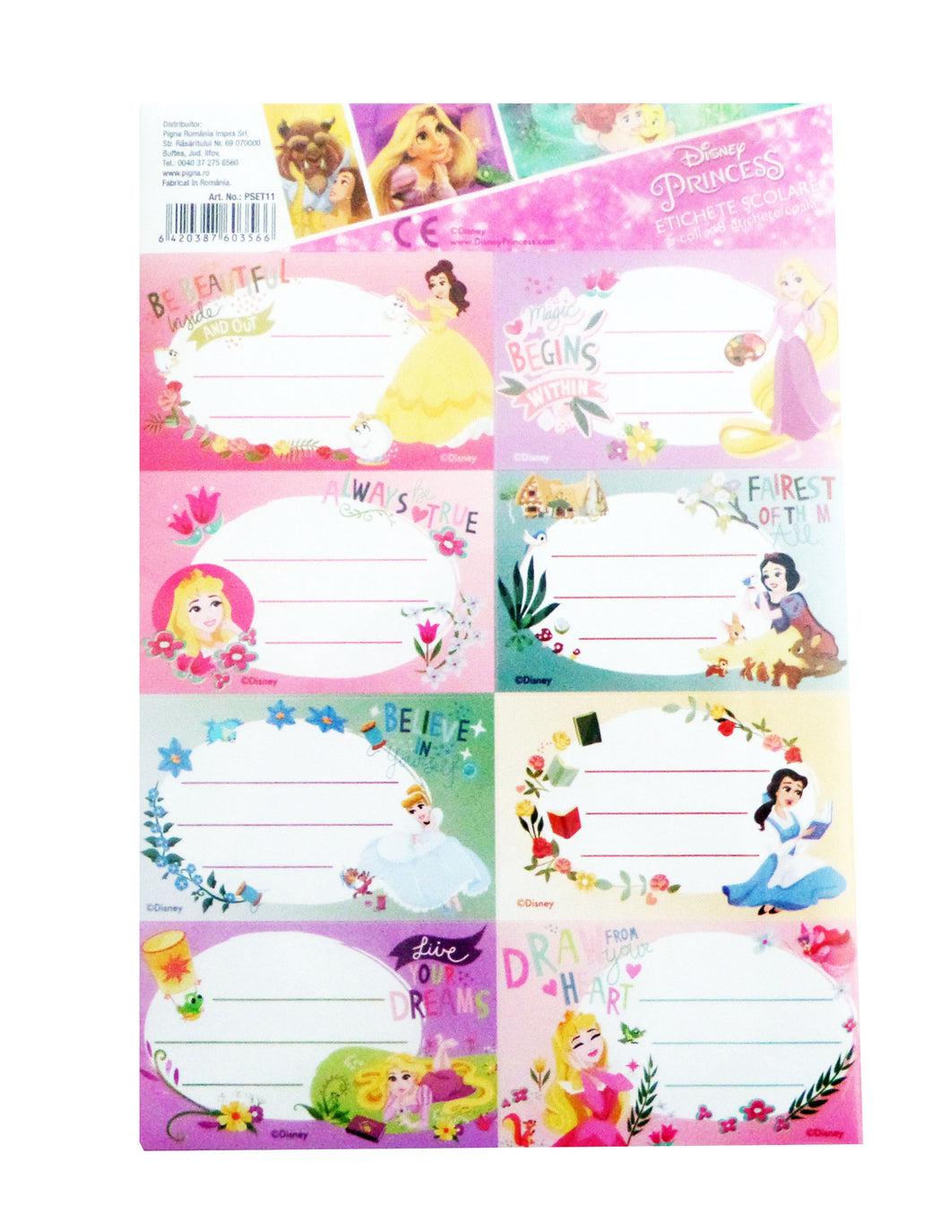 Etichete Scoala pentru Caiet Set Coala 2 8 buc Disney Printese Princess Belle, Cenusareasa, Ariel, Rapunzel, Alba Ca Zapada
