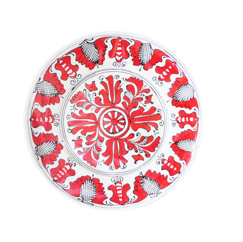 Farfurie Platou Decor cu Motive Traditionale Populare Taranesti Romanesti din Ceramica de Corund Rosie Fluturi si Crini 25 cm